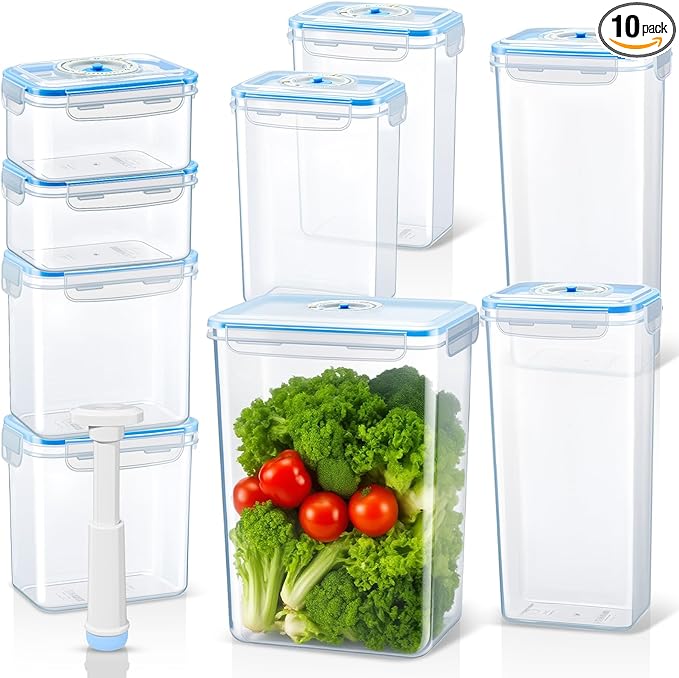 LemonRoad 9 Set Vacuum Seal Storage Food Containers with Lids (9 containers &9 Lids &1 Hand Vacuum Pump), Premium Airtight Food Storage, Airtight and Leak Proof(Clear)