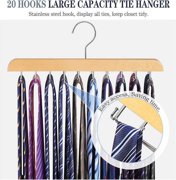 2PC Tie Rack Organizer, Tie Hanger for Closet with 20 Foldable Hooks, Wood | Non Slip Neck Tie Organizer, Large Capacity, Space Saving, 360° Rotating Hook, Fits for Tank Tops Bras Cami Scarves