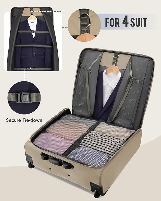 MATEIN Garment Bag with Wheels For Women, Large Wheeled Garment Bag, Khaki | For Hanging Clothes, 2 Packing Cubes, Softside, Foldable Travel Suit Carrier, Business Suitcase Luggage, Fits 17" Laptop