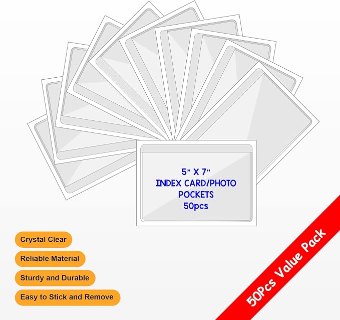 IMAGAME Clear Adhesive Index Card Pockets, 5" x 7", 50 Pack | Top Open for Loading, Plastic Labels Holders, For Storage Bins and Library Card, Organizing and Protecting Cards or Photos