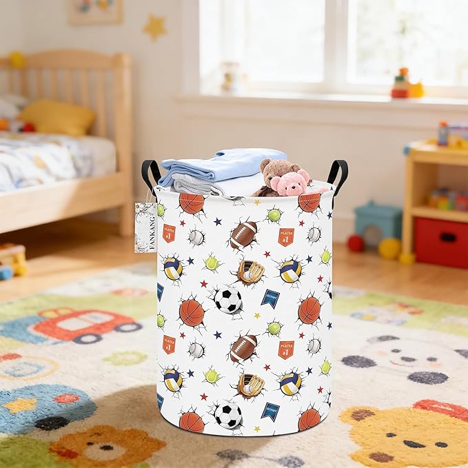 FANKANG Storage Basket, Nursery Hamper Canvas Laundry Basket Foldable with Waterproof PE Coating Large Storage Baskets for Kids Boys and Girls, Office, Bedroom, Clothes,Toys(3D Sports Balls)