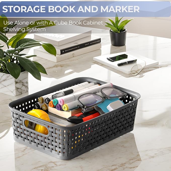 FUCDTEFC Black Plastic Basket, 8 Pack Home Organization and Storage Baskets with Handles, Space Saving Woven Organizer Bins Plastic Storage Basket for Organizing Cabinets,Closets, Shelves, Countertops | Space Saving, Woven Organizer, Plastic Bins, Stor...