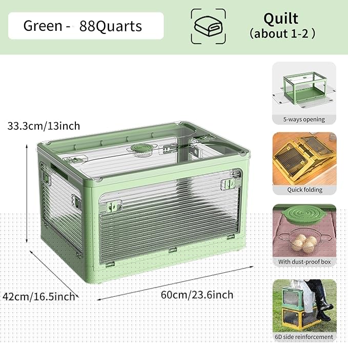 3-Pack Stackable Storage Bins, 83-Liter Collapsible Organizers with 3 Lids, Wheels, Foldable Collapsible Box for Outdoor Camping, Green