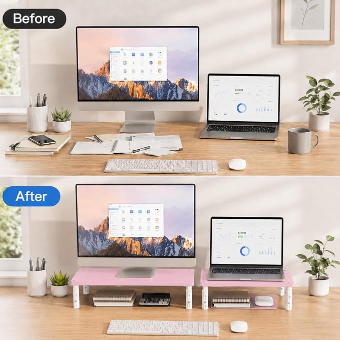 OPNICE Adjustable Computer Monitor Stand Riser for Desk, Desk Organizer & Office Decor for Women, Laptop Stand, Office Desk Accessories & Workspace Organizers for Home Office, Pink Wood