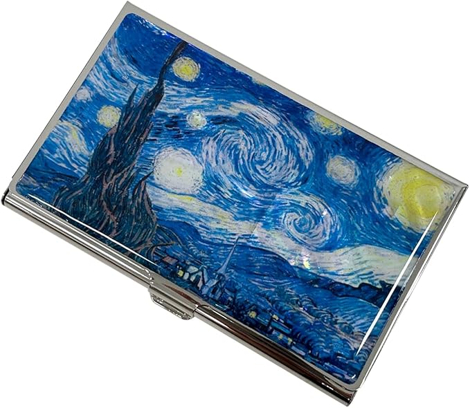 Mother of Pearl Business Card Case Credit Id Name Holder Travel Wallet Art Painting Design Metal Stainless Steel Engraved Slim Purse Pocket Cash Money Wallet (Starry Night)