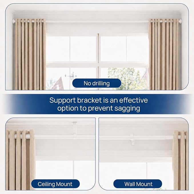 ALLZONE Tension Curtain Rod for Windows, 123 to 160 Inch, Heavy Duty Extra Long Curtain Rods, Non-Slip Bathroom Shower Tension Rod, Renter Friendly, Adjustable, Spring Loaded, White