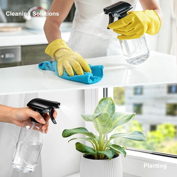 Spray Bottles 16oz 2 pack — 360° Any-Angle Spraying, Mist & Stream Plastic Empty Water Sprayer, with Measurements & Weighted Straw, Leak-Resistant for Cleaning Solutions, Planting, Hair + Funnel