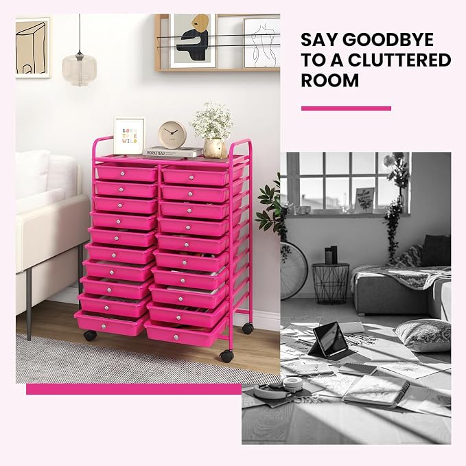 LDAILY 20-Drawer Rolling Storage Cart, Rolling Storage Cart, Storage Organizer on Wheels, Metal Frame, Scrapbook Paper Tools, Suitable for Office School, Classroom (Hot Pink, 20 Drawer)