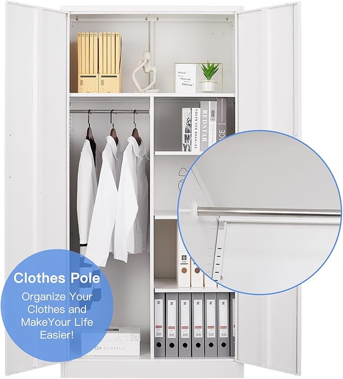 Yizosh Metal Armoire Wardrobe Closet Cabinet for Hanging Clothes with Lock Doors, -72" Steel Lockable Wardrobe Storage Locker Clothes Organizer for Bedroom, Laundry Room (White)