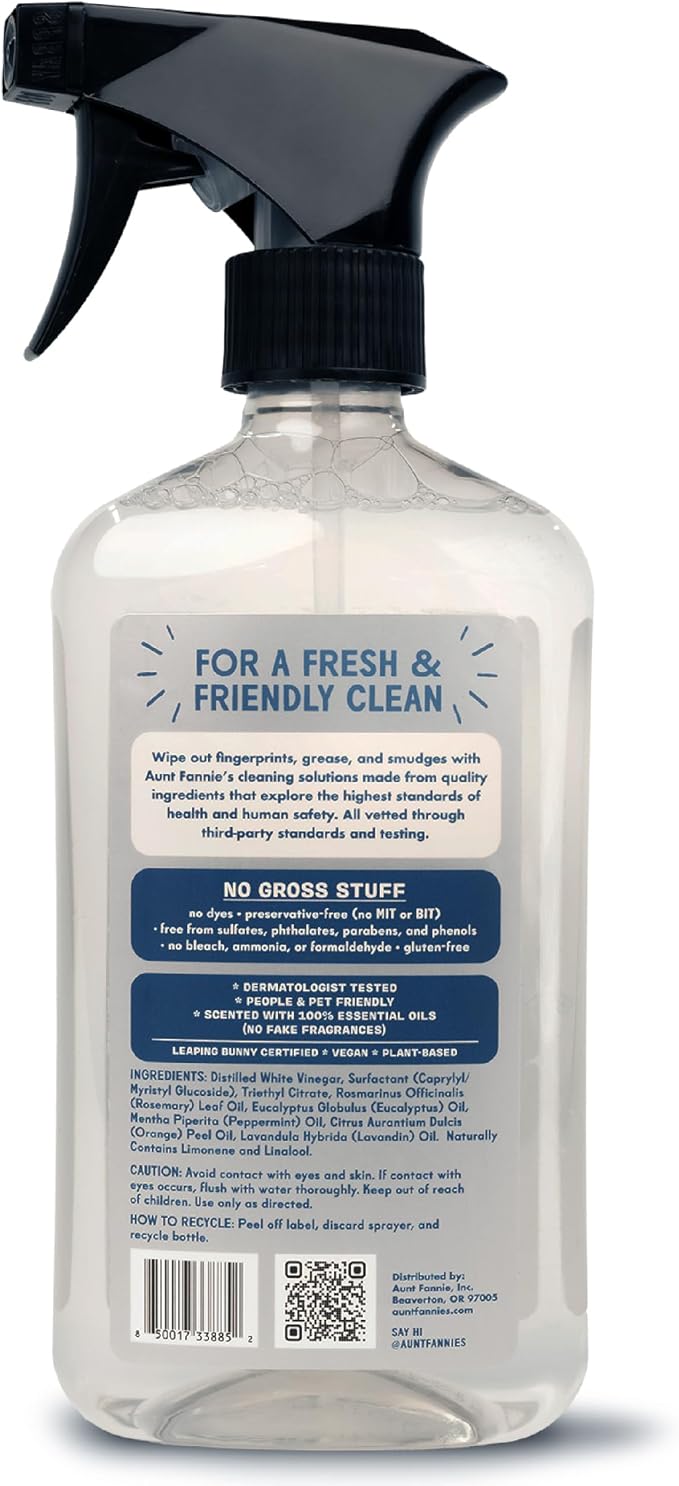 Aunt Fannie's Stainless Steel Spray Cleaner, Powered by Vinegar, Fingerprint and Residue Remover for Refrigerator, Dishwasher, Oven, Grill, Sink, Stovetop, and Other Appliances, Pack of 6