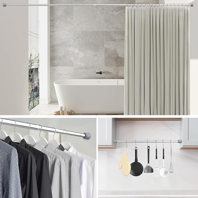No Sectional Assembly Tension Curtain Rod 56-104 Inch | 1" Diameter Spring Long Adjustable Shower Curtain Rods for Bathroom Windows Closet No Drilling No Rust, Silver