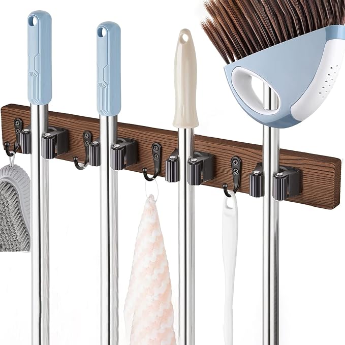 Right Pull Out Mop and Broom Holder, Rustic Wood Broom Hanger with 4 Slots and 4 Hooks for Home Décor, Kitchen, Laundry Room and Closet, Broom and Mop Organizer Wall Mount for Garage Organize