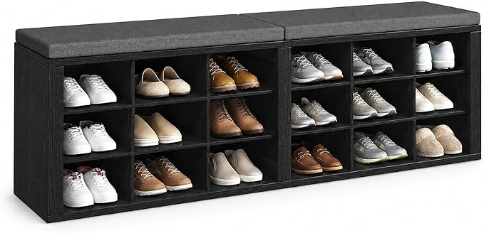 Shoe Storage Bench with Padded Seat, 18-Cubby Shoe Organizer for Entryway, 59.1" Long 700 lb Capacity, for Living Room, Bedroom, Hallway (Blackboard with Dark Gray, Linen, Sponge)