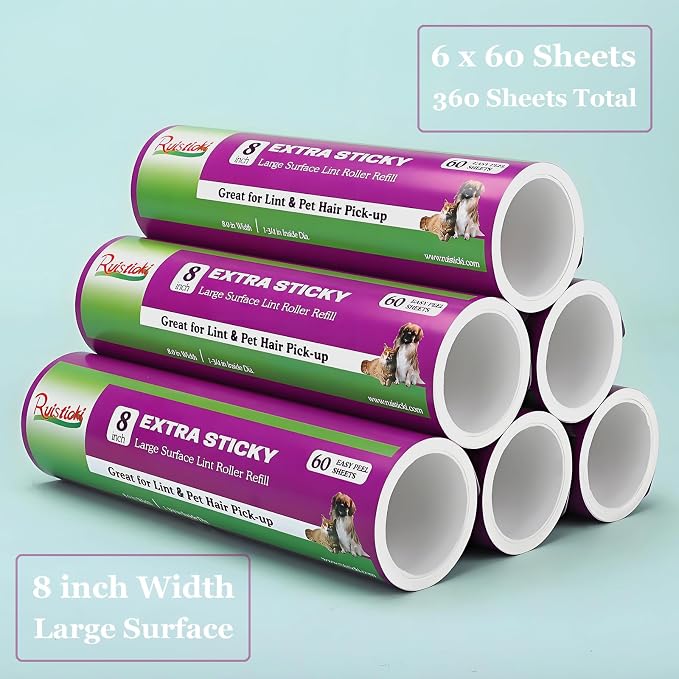 8 inch Large Lint Roller Refills Compatible with Scotch-Brite Pet Hair Pickup Extra Sticky Large Lint Roller 60 Sheets per Refill Pack of 6 Rolls 360 Easy-Tear Adhesive Sheets Total
