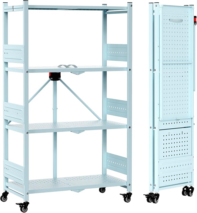 WORKPRO 4-Tier Folding Shelf, No-Assembly Metal Storage Rack with Wheels, 600 lbs Capacity (with Leveling Feet), Collapsible Shelving Unit for Kitchen, Pantry, Closet & Craft Shows - Blue