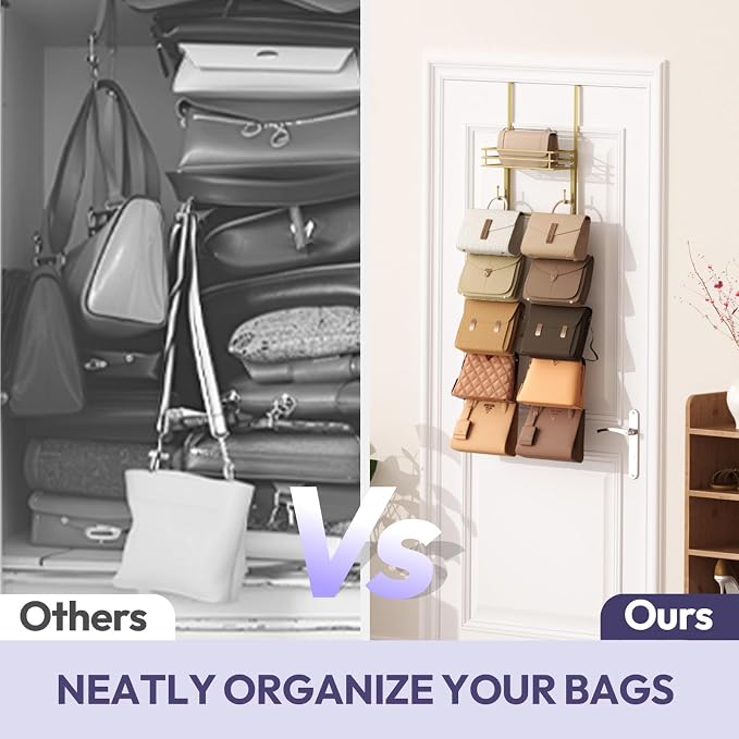 SWTYMIKI Over the Door Purse Organizer - Wall Mounted Handbag Organizer with 10 Hooks and Metal Basket, Hanging Purse Storage Rack Holds up to 10 Bags, Bag Rack Can Use As 1/2 Part, for Door, Closet