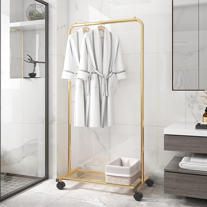 Simple Trending Clothes Garment Rack, Clothing Rack, Golden Yellow | Commercial Portable Closet with Mesh Storage Shelf, Anti-Slip Stoppers, 360° Wheels, Bedroom, Laundry Room