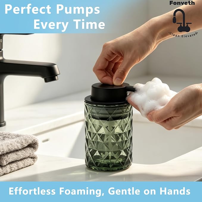 Foaming Soap Dispenser Green Glass Bottle Black Pump, Easy Refill and Clean Design Clog-Free Heavy Glass for Kitchen Bath