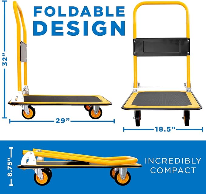 Mount-It! Folding Hand Truck Dolly Platform Truck, 330 lb Heavy Duty Flatbed Cart with Wheels, Foldable Platform Cart with 360° Swivel Casters, Push Cart for Moving Boxes & Furniture (MI-920)
