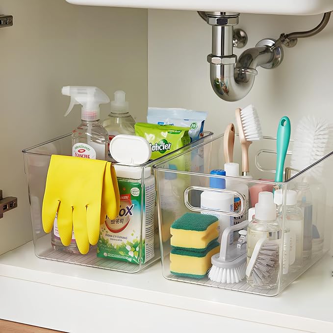 Clear Fridge Organizer with Handles & Lids, 6 Pack Large 11.5×7.5×6 Inch | Stackable Clear storage bins with handles, food organizer basket for kitchen, fridge, freezer