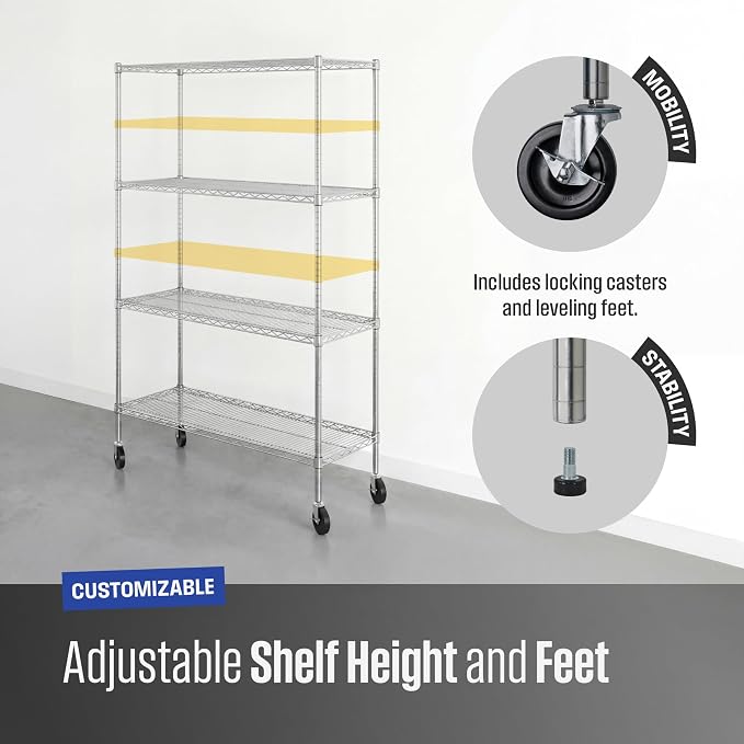 SafeRacks NSF 4-Tier Heavy Duty Steel Wire Rack w/Wheels (18"x48"x72")