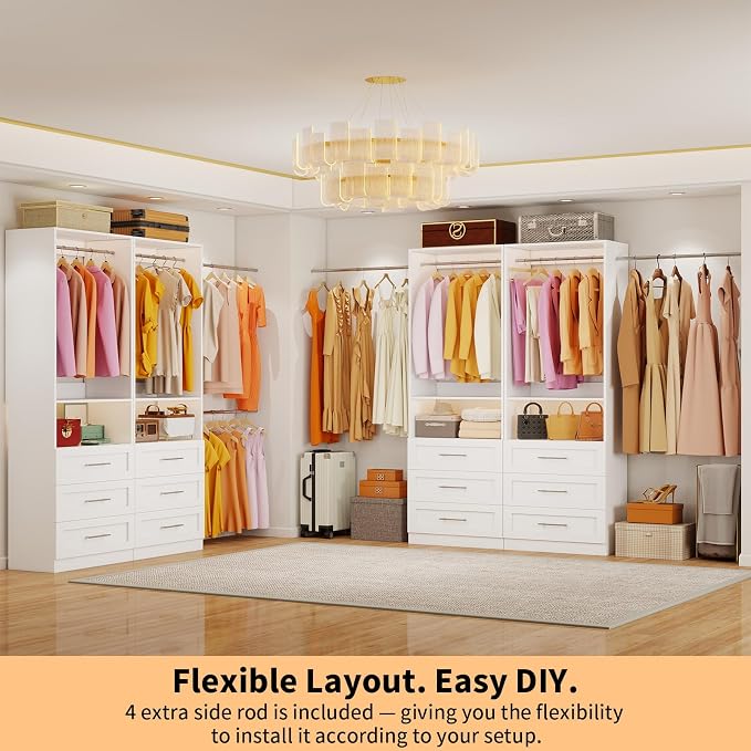 Closet System with 4 Sets, 8FT-21FT Customizable Closet Organizer System with 12 Drawers &4 Shelves & 8 Hanging Rods, Freestanding Closet Storage System, Modular Tower L-Shaped Walk-in Closet, White