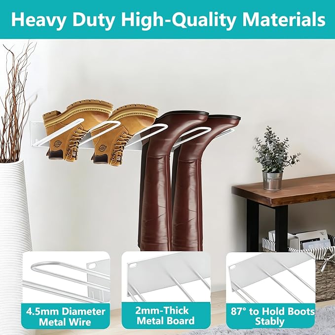 Boot Rack 8 Pairs Wader Hangers Metal Boot Hangers Wall Mount Holds- Boots Storage Organizer Tall Boots Holder for Cowboy Garage Storage Closet Entryway Outdoor Drying White 4 Pack