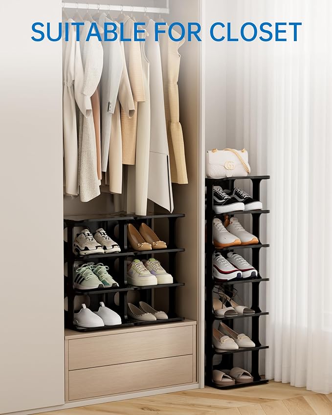 HAIXIN 7-Tier Narrow Vertical Shoe Rack, Skinny Shoe Tower for Closet | Space-Saving Storage, Stackable Modular Design, Easy Assembly, 7 Tiers or Two 4-Tier Shelves, Shoe Cubby for Small Shoe Size