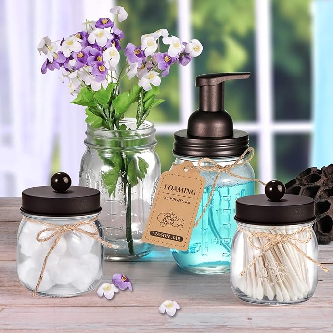 SheeChung Mason Jar Foaming Soap Dispenser-Rustproof Stainless Steel Lid & Foaming Soap Pump, Refill Foam Hand Soap Dispenser Glass for Bathroom Kitchen Vanities, Countertops-Bronze (1 pk)