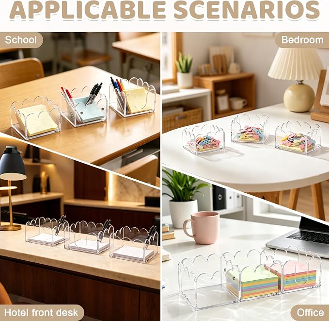 3Pcs Scalloped Acrylic Sticky Note Holder,Clear Sticky Notes Dispenser 3x3 Thick Post it Notes Memo Pad Holder Non-Slip Desk Organizer for Office Home School Dorm Desktop