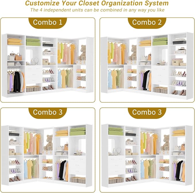 Unikito 110” Closet System with Drawers, 9.3FT Corner Closet Organizer with 4 Hanging Rods, Reversible Large Wood L Shaped Walk in Closets Wardrobe with Shoe Shelves, Max Load 3000LBS, Set of 4, White