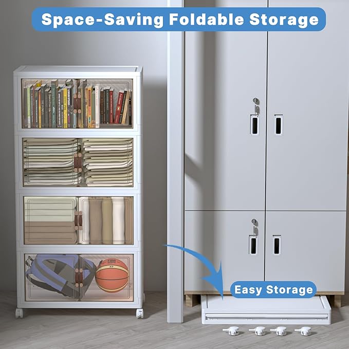 Stackable Storage Bins with Lids, Collapsible Storage Boxes, Foldable Plastic Storage Drawers for Bedroom,Office, Dorm (4, White, M)