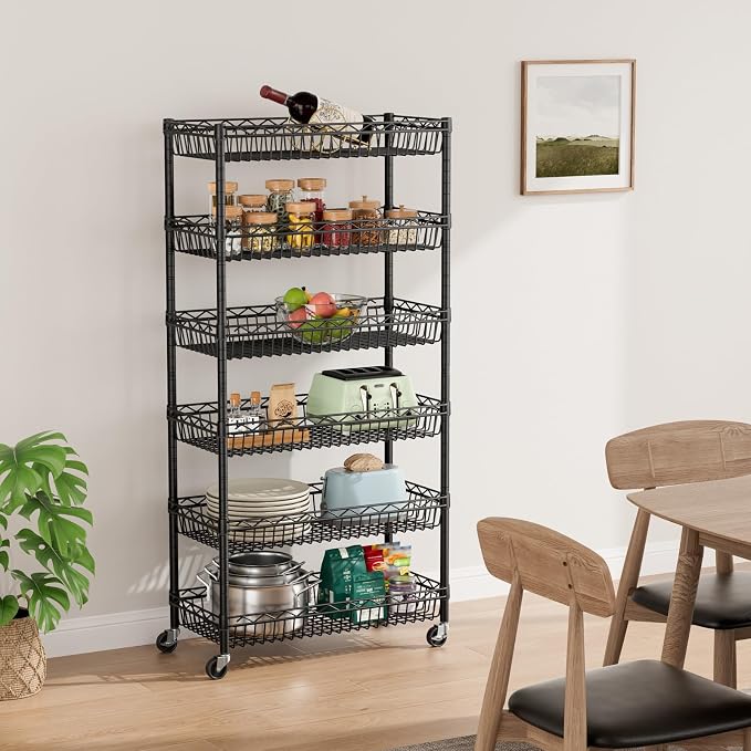 Golpart Basket Shelves Closet Rack with Wheels Metal Pantry Wire Shelf Unit | 6 tier Storage Rolling Shelving Bathroom Organizers Kitchen Garage Laundry Room Organization Home 30"Dx13.6"Wx65"H Black