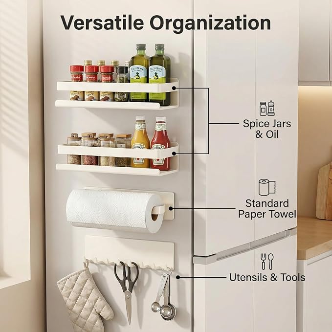 Metal 4 Pack Magnetic Shelf Include Magnetic Spice Rack for Refrigerator,Magnetic Paper Towel Holder,Magnetic Hooks for refrigerator Space-saving design,Small Space Organization (white)