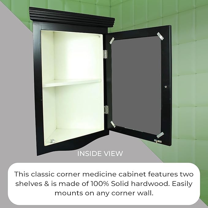 Renovators Supply Manufacturing Black Medicine Cabinets 27 1/8 in. X 20 1/8 in. Wooden Corner Bathroom Wall Medicine Cabinet with Recessed Mirror and Mounting Hardware