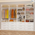 Closet System with 12 Wooden Drawers, 10 Shelves & 6 Hanging Rods, 8–21 ft Adjustable Closet Organizer System, 2800 lbs+ Walk-In Closet System, Modular Custom Closet Kit, White(Set of 4)