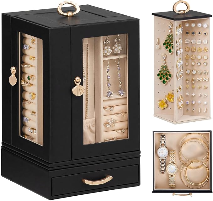 Enthralite Luxury Jewelry Box for Women: 360° Rotating with Clear Window | Compact Jewelry Storage with Drawer - Necklace Ring Organizer with Compartments - Elegant Earring Holder Display Great Gift