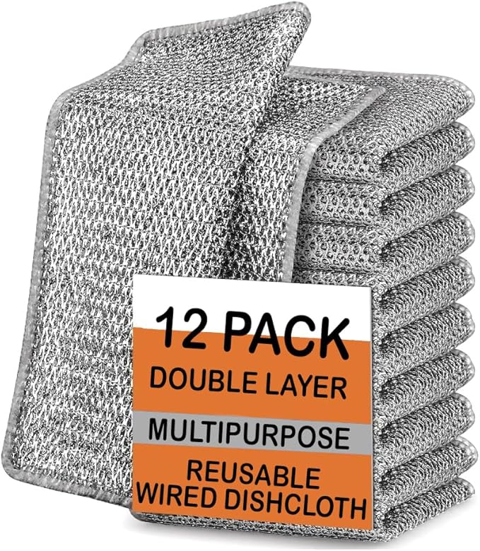 KOOCE Non Scratch Dish Wash Cloth for Kitchen Reusable Non Scratch Wire Dish Cloth Multipurpose Wire Dishwashing Rags for Wet and Dry Cleaning Scrubber Dish Cloth (12 Pcs [Double Layer])