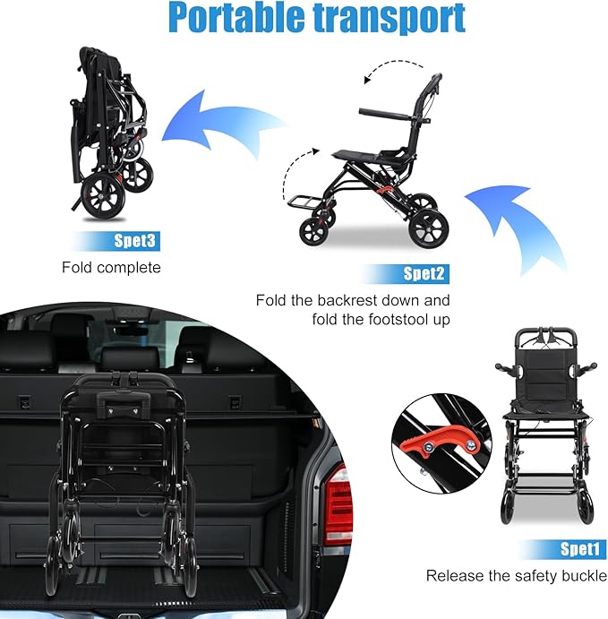 Portable Folding Transport Wheelchair,Transport Wheelchair Lightweight Foldable,Tran Sport Wheelchairs Lightweight Foldable Wheel Chair for Adults,Travel Wheel Chair for Elderly (Black)