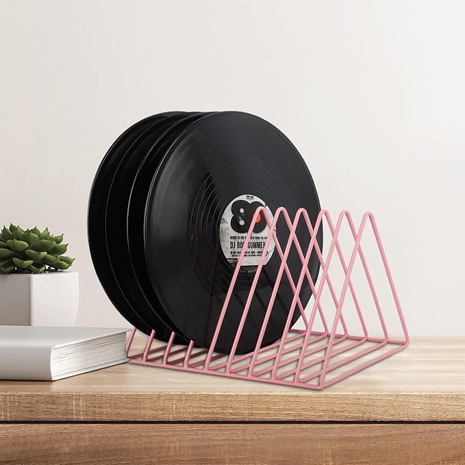 EASEPRES Vinyl Record Holder Storage, 9 Slot Metal Magazine Book Album Display Rack, Stylish Triangle Desktop File Sorter Organizer for Home Office, Pink