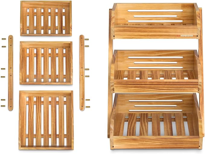 G.a HOMEFAVOR Wooden 3 Tier Fruit Basket, Brown, Pine Wood, Sturdy, Self-assembly