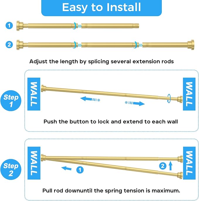 Shower Curtain Rod 31-63 Inch,7/8"Diameter Adjustable Spring Tension Curtain Rods No Drill,Warm Gold Shower Tension Rod for Bathroom,Room Divider,Window,Anti-Rust Non-Slip 1-Pack