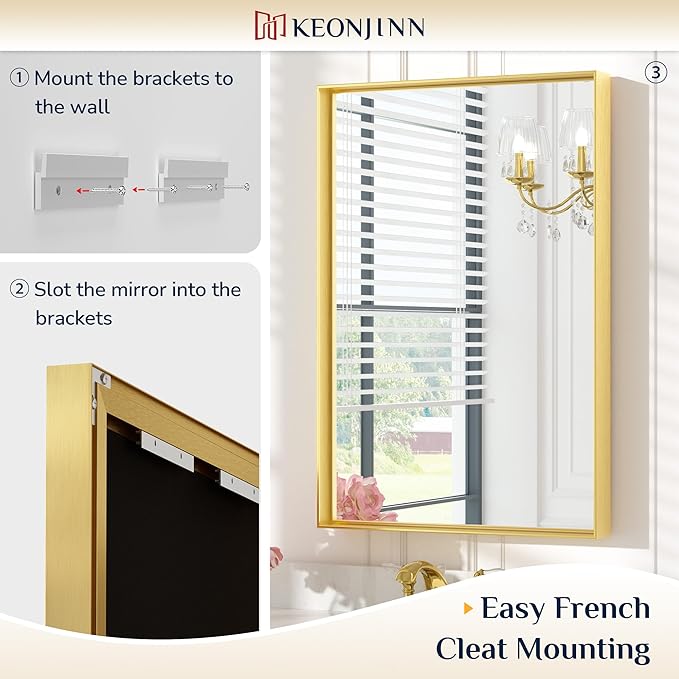 Keonjinn 22 x 30 Inch Gold Bathroom Mirror for Over Sink Brushed Gold Rectangle Wall Mounted Mirror Metal Frame Modern Farmhouse Mirror with Square Corner Framed Mirror(Horizontal/Vertical)