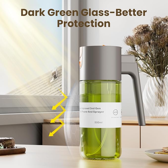 LAKUMIQI 2 in 1 Oil Sprayer & Dispenser, 17 oz Light-Blocking Glass Bottle | Large Capacity, Wide-Mouth for Easy Pouring and Cleaning, Leak-Proof Oil Bottle with Stickers for Salads, Air Fryers, BBQ