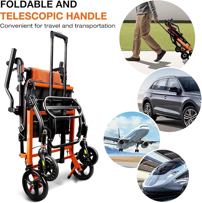 Wheelchairs for Adults Transport Chair Lightweight Foldable with Telescopic Handle, 18-Inch Seat Width Portable Folding Travel Wheel Chairs for Seniors