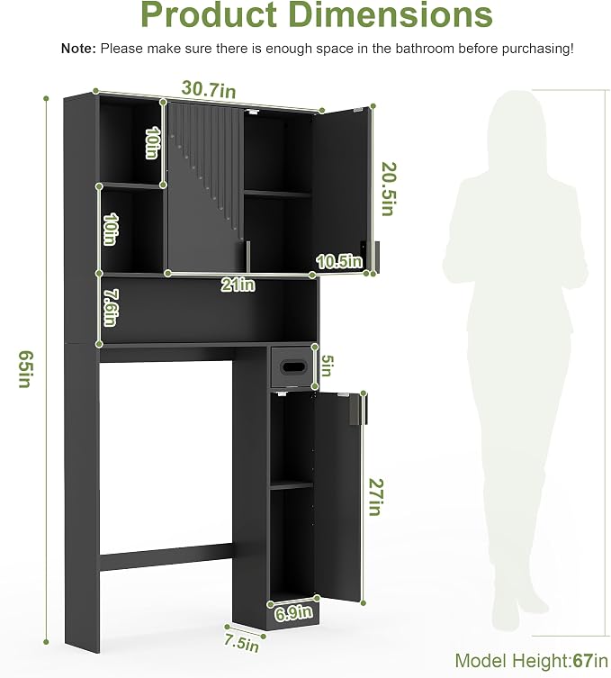 GOODONE Black Over The Toilet Storage Cabinet - with 3 Doors and Toilet Paper Holder Stand, FreeStanding, for Bathroom, Restroom, Laundry
