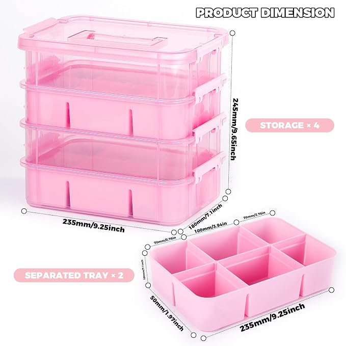 CraftGenes Art Supply Storage Organizer, 4-Tier 10 Qt Box, 2 Trays, Pink | Clear Compartments; Dual Removable Inserts; Carry Handle; Side Latches; Markers, Crayons, Brushes, Jewelry, Accessories