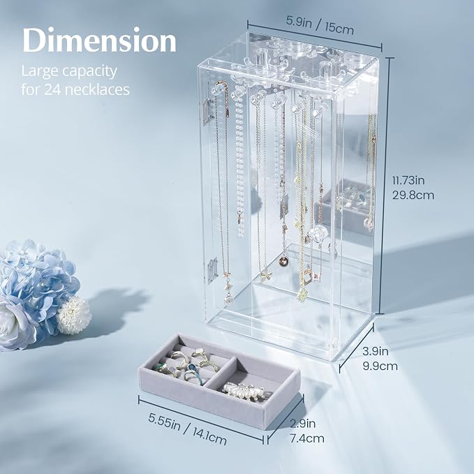 Lolalet Necklace Holder Organizer, Acrylic Jewelry Organizer with 24 Hooks, Rotating Clear Necklaces Display Box with Built-in Mirror, Dust-proof Jewelry Storage Case with Velvet Tray -Clearmirror