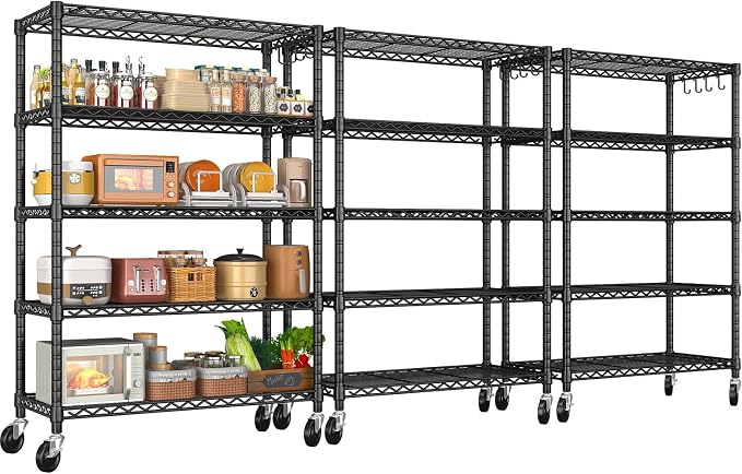 5 Tier Storage Shelves 74"H Wire Shelving Adjustable Metal Shelving,1250LBS Pantry Shelves Sturdy Steel Wire Shelf for Kitchen Commercial Pantry Garage Warehouse ,74"H X36"W X14"D, Black 3PACK