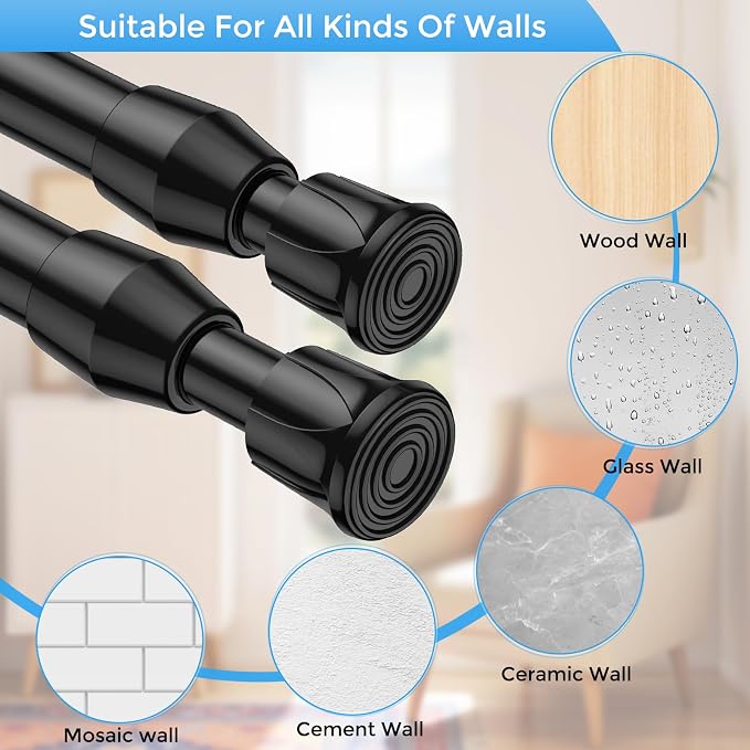 2 Pack Spring Tension Curtain Rod 17 to 28 Inch, DIY Small Curtain Rods No Drill for Window Cupboard Closet Kitchen Cabinets, Black